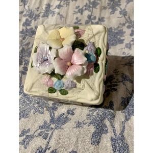 Springtime Floral Square Ceramic Bisque Trinket Box